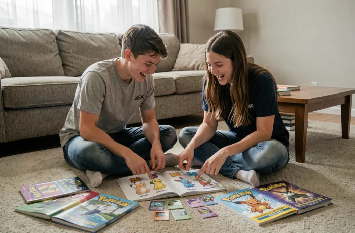 Deux adolescents découvrant ensemble les personnages Pokémon commençant par la lettre N dans des guides illustrés