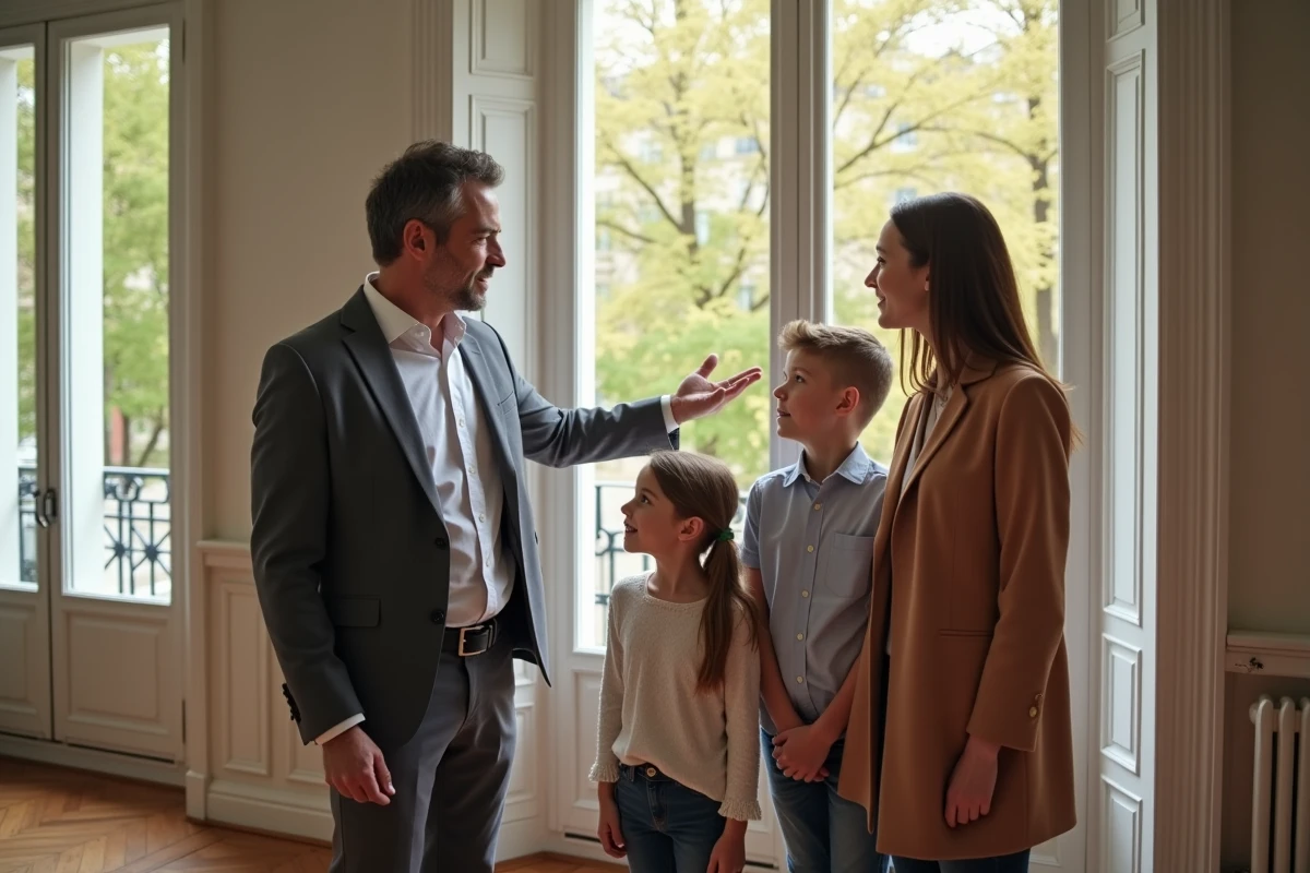 Agent immobilier montrant appartement parisien a une famille