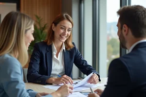 Femme professionnelle souriante avec couple dans agence immobiliere