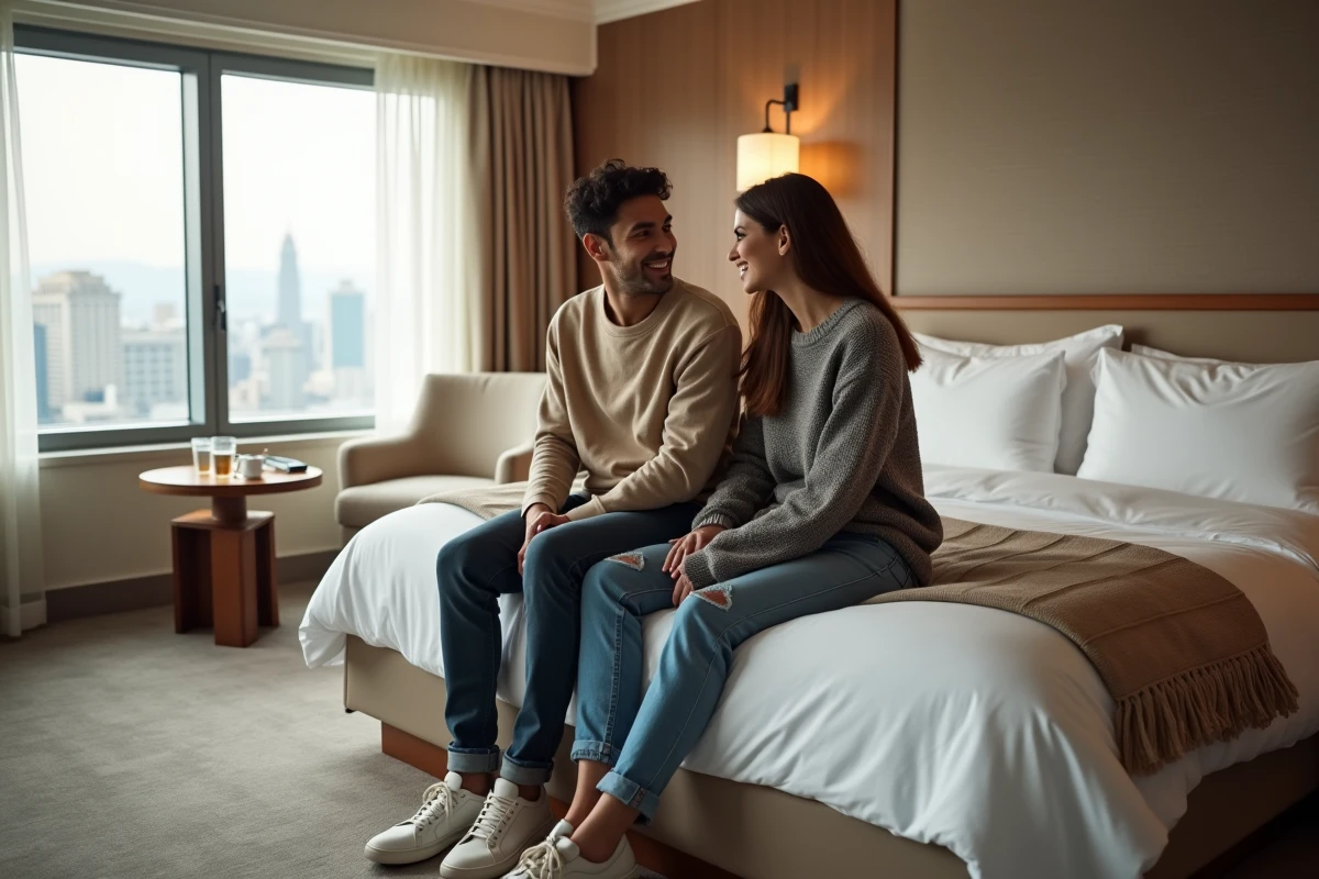 Deux amis discutant assis sur le lit d