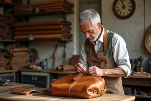 Artisan français cousant un sac en cuir caramel dans son atelier