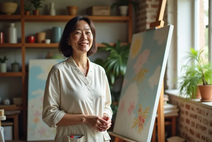 Femme asiatique devant une toile dans un atelier lumineux