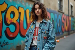 Jeune femme en veste denim vintage devant un mur de street art avec des inscriptions d'argot français, illustration du mot bazardée dans la culture urbaine
