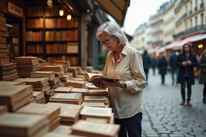 Femme feuilletant un dictionnaire d'argot français sur un stand de marché aux puces parisien, illustration de l'origine et de la signification du mot bazardée