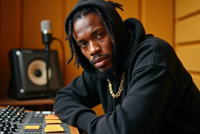 Rappeur français en studio d'enregistrement entouré de paroles manuscrites en argot, évoquant l'usage du mot bazardée dans la musique hip-hop