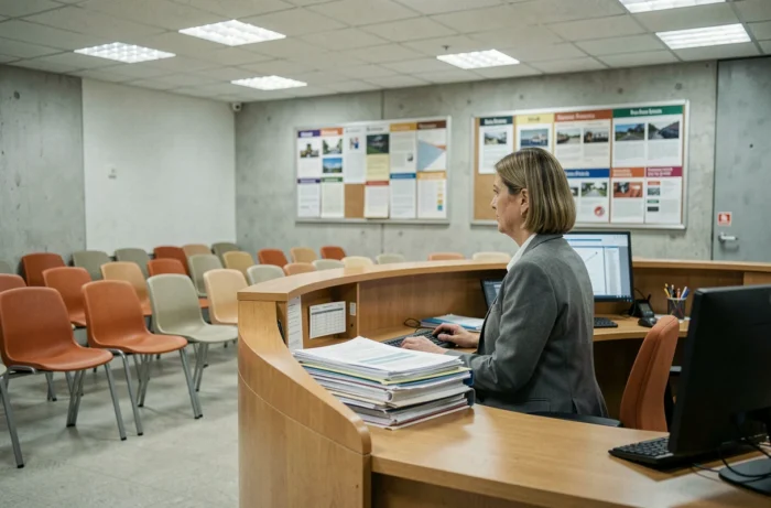 Salle d'attente vide d'un centre d'accueil administratif européen avec une agente seule, symbolisant la faible arrivée de migrants dans certains pays d'Europe