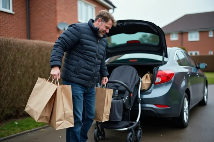 Homme chargeant une poussette et des courses dans le coffre trop petit d'une berline familiale