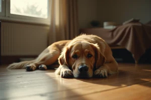 Chien golden retriever allongé sur un parquet en bois, tête posée sur ses pattes avant, regard absent évoquant la dysthymie canine