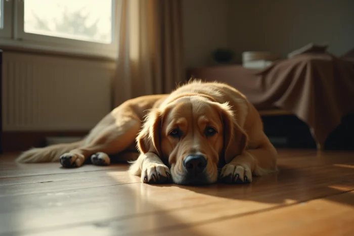 Chien golden retriever allongé sur un parquet en bois, tête posée sur ses pattes avant, regard absent évoquant la dysthymie canine