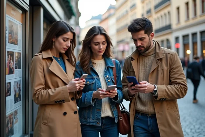 Groupe de citoyens consultant leur téléphone devant un kiosque à journaux en ville