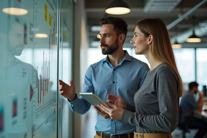 Deux collègues discutant de tendances financières devant un tableau blanc dans un espace de coworking