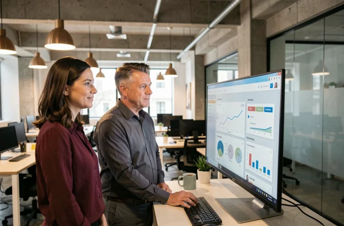 Deux collègues consultant ensemble un tableau de bord numérique de la plateforme Adivak dans un espace de coworking