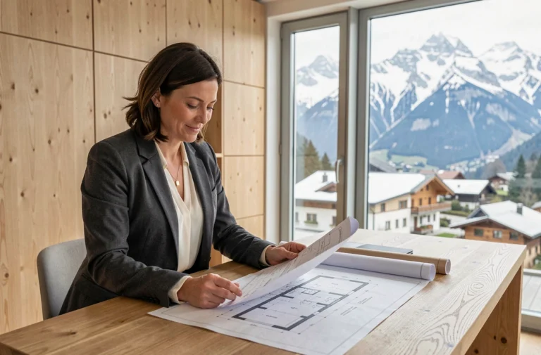 Conseillère immobilière suisse analysant des plans d'architecte dans un bureau avec vue sur les Alpes enneigées