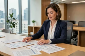 Consultante RH experte analysant des déclarations de cotisations sociales et des documents de paie dans un bureau moderne