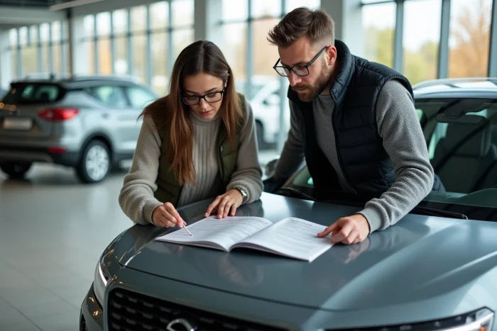 Couple consultant les spécifications du volume de coffre dans une concession automobile avant achat