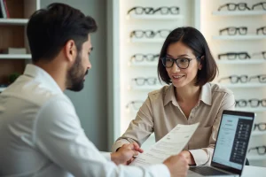 Femme consultant un opticien agréé Crédit Mutuel dans une boutique optique moderne