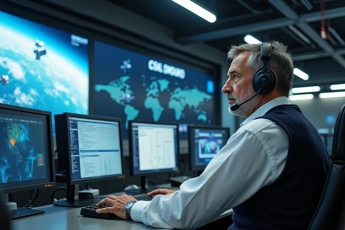 Contrôleur de mission analysant des données sur un console