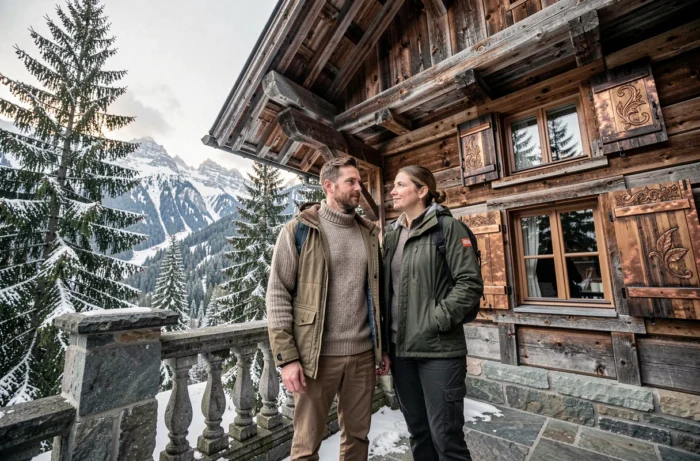 Couple envisageant l'achat d'un chalet traditionnel suisse sur une terrasse en pierre avec vue sur la vallée alpine