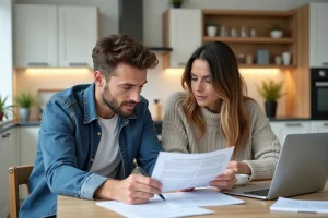 Couple français dans leur cuisine en train de lire des papiers officiels
