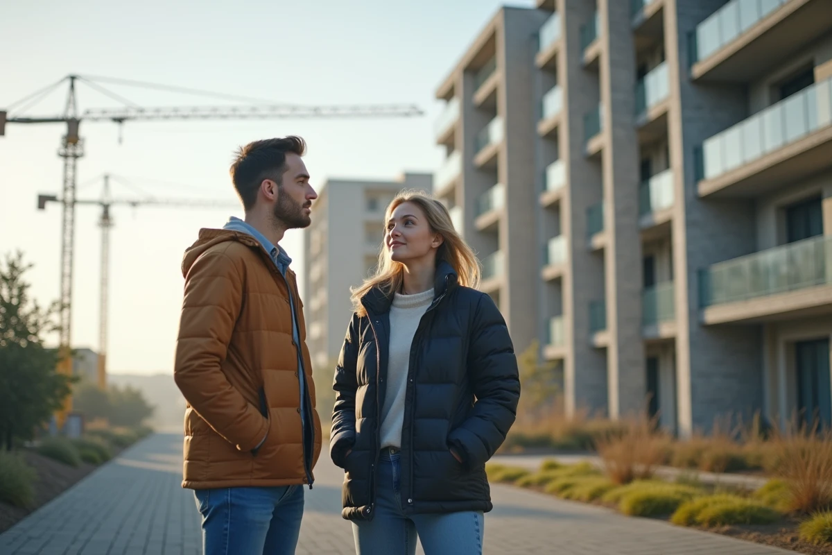 Jeune couple inspectant un immeuble neuf en extérieur
