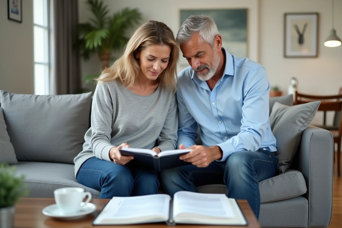 Couple lisant un guide immobilier dans le salon