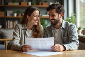Couple souriant discutant de documents immobiliers à la maison