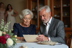 Couple de parents élégants lors d'un dîner de mariage