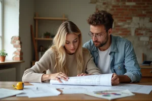 Couple examine des plans de rénovation dans un salon en travaux