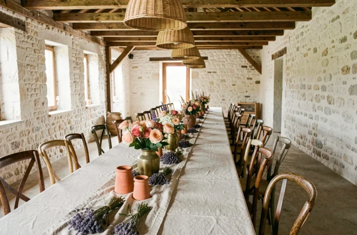 Décoration de table de mariage rustique avec des fleurs séchées et des bougies dans une grange provençale