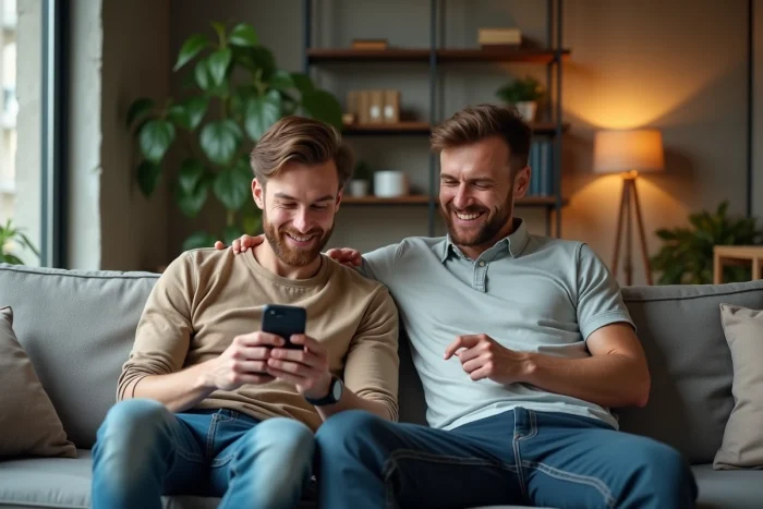 Deux hommes dans un appartement moderne partageant un moment détendu à domicile, évoquant la vie privée d'un couple médiatique