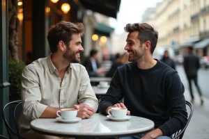 Deux hommes souriants attablés en terrasse de café parisien, illustrant une relation publique sous les projecteurs médiatiques