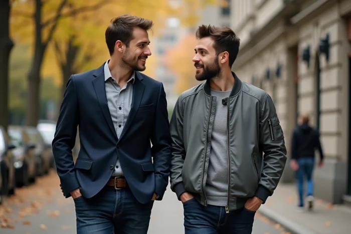 Deux hommes marchant côte à côte sur un boulevard parisien en automne, capturant une complicité naturelle en public