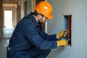 Électricien en action connectant des câbles R2V dans un chantier neuf