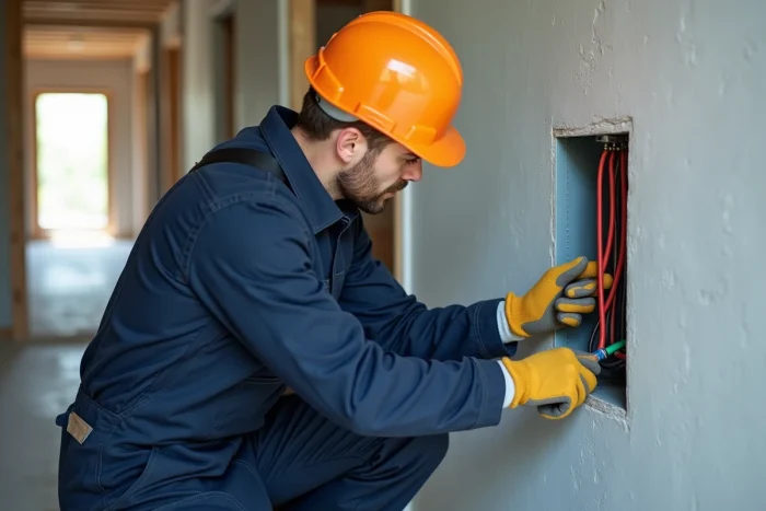 Électricien en action connectant des câbles R2V dans un chantier neuf
