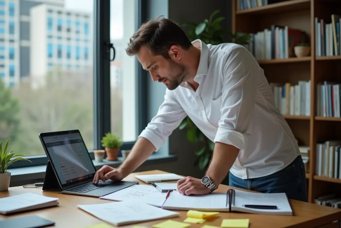Entrepreneur masculin consultant des cours en ligne et des outils numériques pour développer son entreprise depuis son bureau à domicile