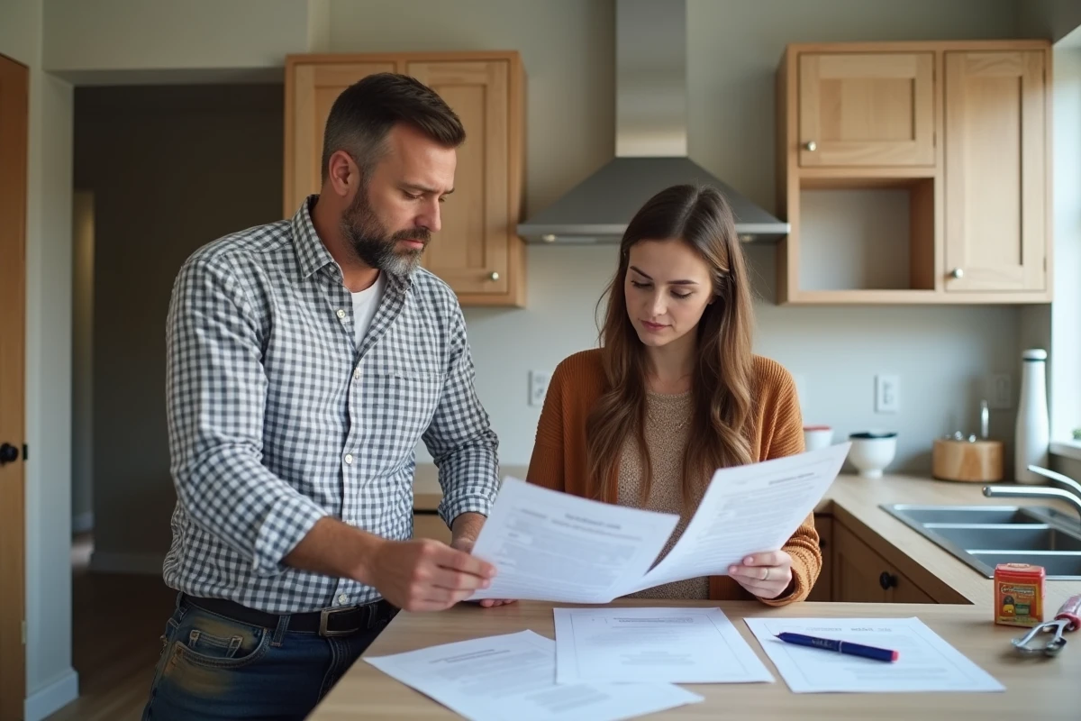 Entrepreneur vérifie des devis dans une cuisine en rénovation