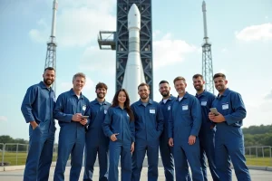 Groupe d'ingénieurs en extérieur devant une fusée
