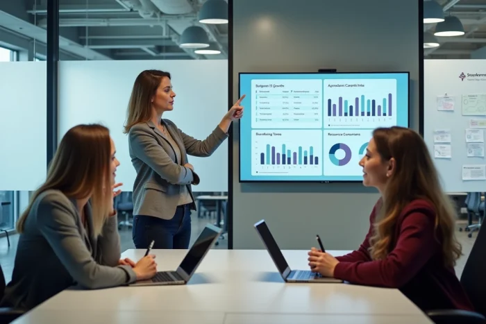 Équipe de professionnels en réunion analysant des ressources en ligne et des outils numériques pour accélérer la croissance de leur entreprise