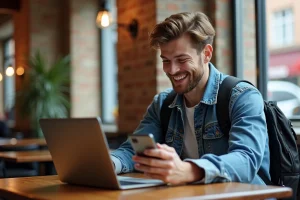 Etudiant souriant avec ordinateur dans un café cosy