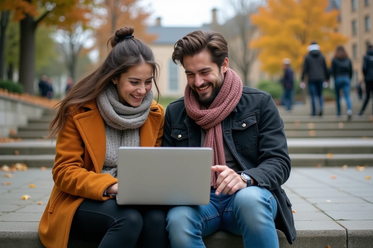 Deux étudiants discutant sur les marches universitaires