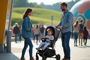 Famille avec bébé devant l'entrée futuriste de Futuroscope