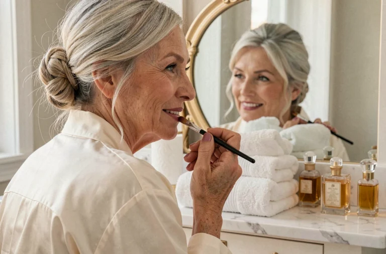 Femme de 60 ans appliquant un rouge à lèvres rose devant un miroir vintage dans une salle de bain élégante