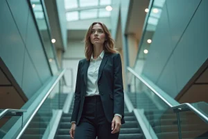 Jeune femme d'affaires montant un escalier moderne