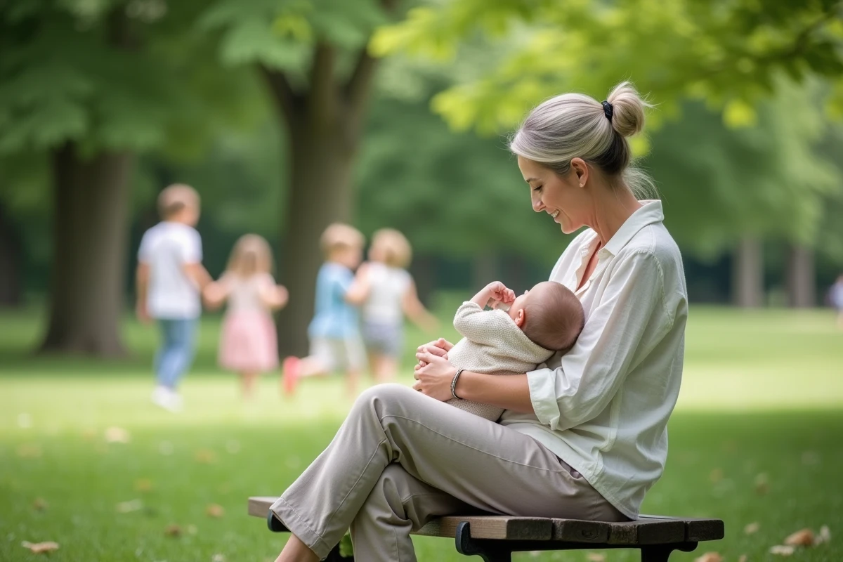 Femme allaitant son bébé sur un banc dans un parc