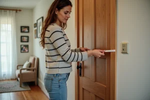 Femme posant un adhésif sur une porte dans un couloir cosy