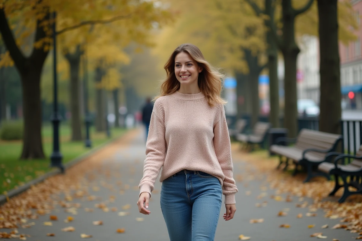 Femme décontractée se promenant dans un parc urbain