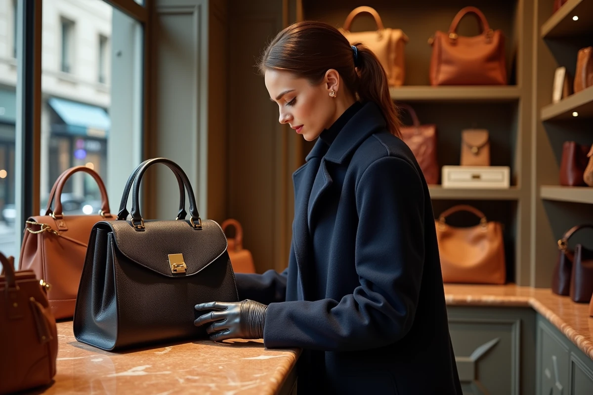Jeune femme admirant un sac en cuir dans une boutique parisienne