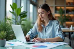 Femme concentrée au bureau avec graphiques colorés