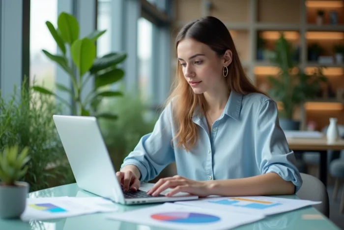 Femme concentrée au bureau avec graphiques colorés
