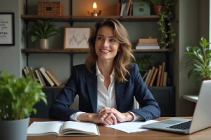Femme souriante dans un bureau à domicile élégant